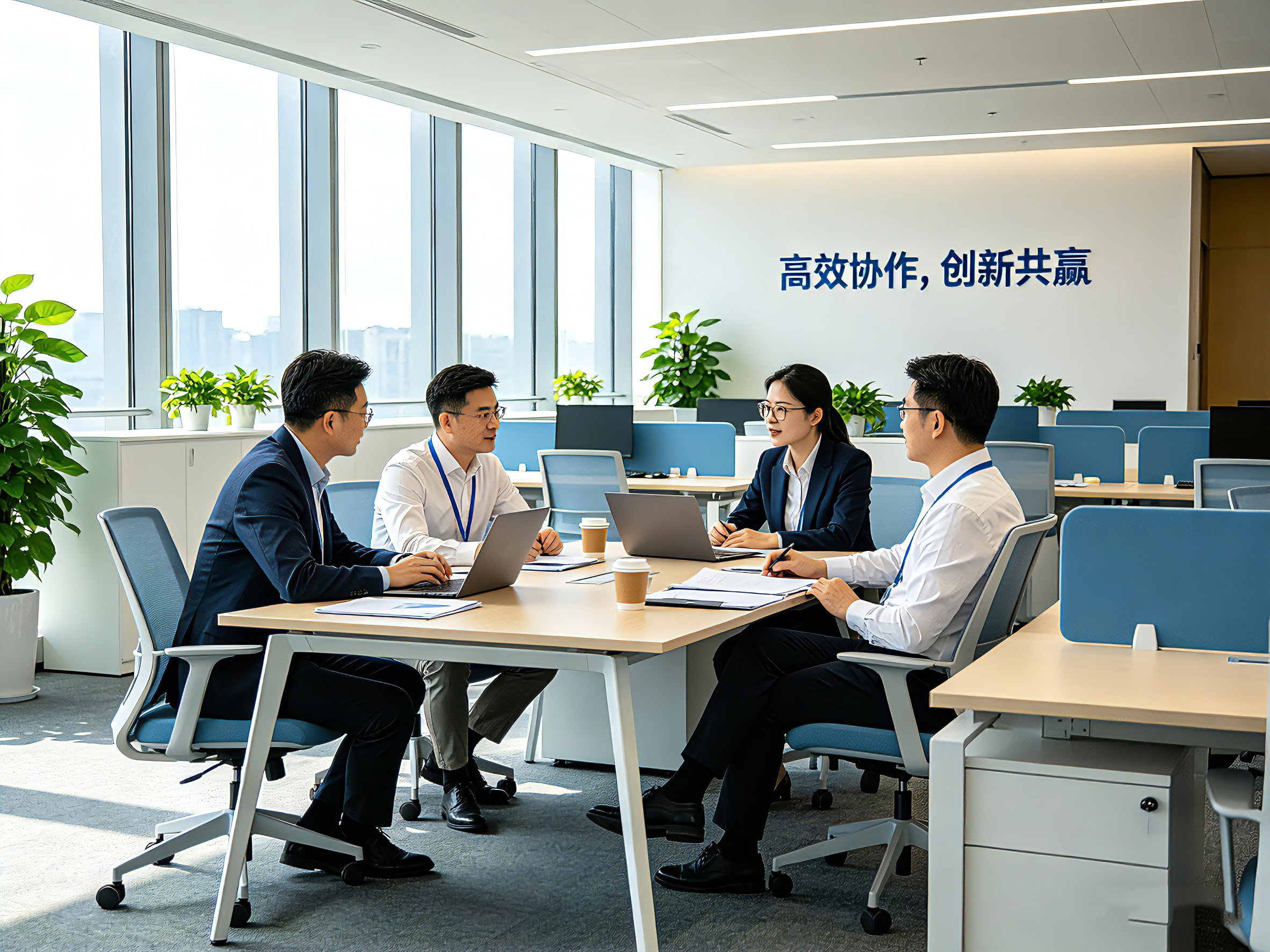 合肥聚搜专利代理有限公司办公环境，现代化办公室，专业团队工作场景，蓝色背景